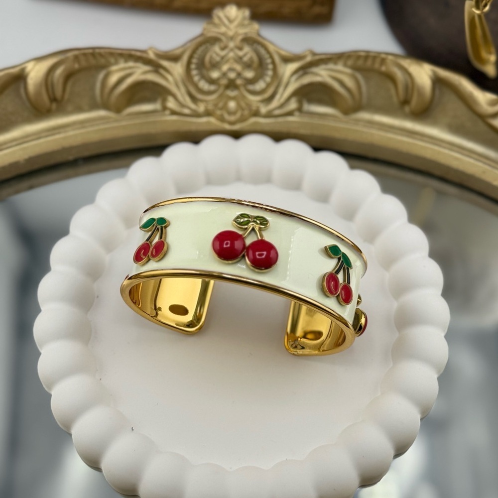Cherry Enamel Gold Cuff Bracelet – PVD Gold Plated Stainless Steel - Picture 9 of 10